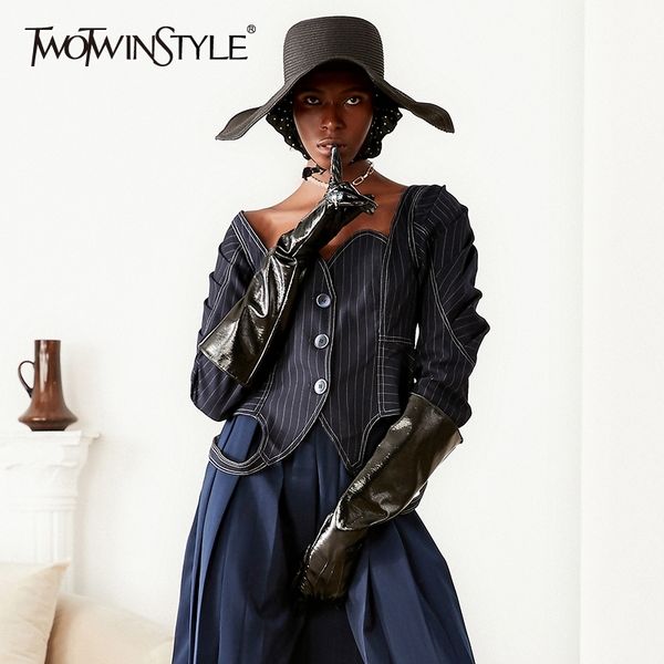 twotwinstyle vintage striped coats for women square collar puff long sleeve tunic short jackets female fashion clothing new 201017, Black;brown
twotwinstyle vintage striped coats for women square collar puff long sleeve tunic short jackets female fashion clothing new 201017, Black;brown