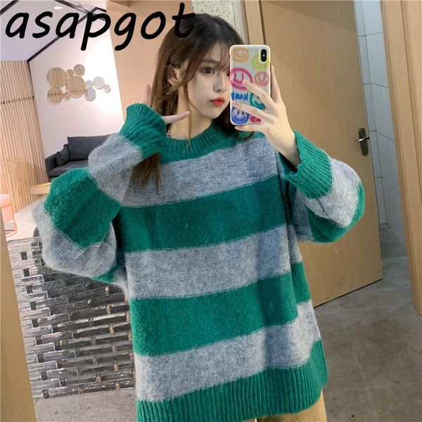 woman sweaters new korean chic vintage hit color o neck long sleeve green striped sweater loose knitwear fashion femme chandails, White;black
woman sweaters new korean chic vintage hit color o neck long sleeve green striped sweater loose knitwear fashion femme chandails, White;black