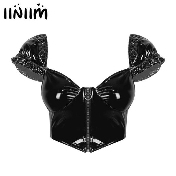 womens short puff sleeve punk rave outfit evening party crop bustier front zipper wetlook leather corset fashion clubwear, White
womens short puff sleeve punk rave outfit evening party crop bustier front zipper wetlook leather corset fashion clubwear, White