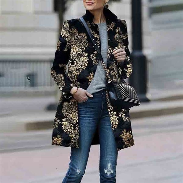 women retro black floral print coat cardigan stand long sleeves vintage jacket slim elegant coat outwear y200101, Black;brown
women retro black floral print coat cardigan stand long sleeves vintage jacket slim elegant coat outwear y200101, Black;brown
