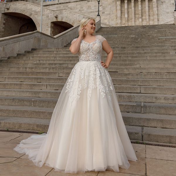2021 new plus size a line wedding es elegant cap sleeve v neck see-through appliques tulle vestido de noiva bridal etne, White
2021 new plus size a line wedding es elegant cap sleeve v neck see-through appliques tulle vestido de noiva bridal etne, White