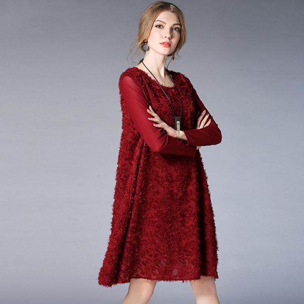 Image of 6812# JRY New Spring Fashion Dress Women Long Sleeve Solid Color Chiffon Splice Casual Dress Black/Navy/Wine Red XL-4XL