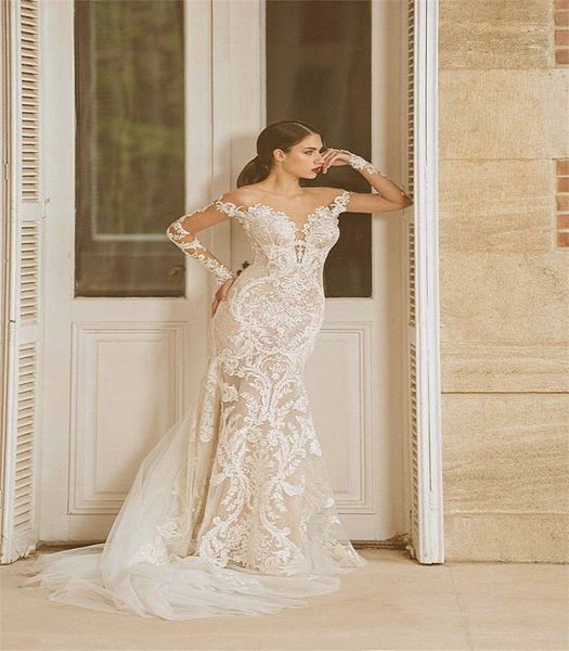 sheer backless mermaid wedding dresses sweep train 2021 appliques pattern lace arabic dubai full sleeve bridal gowns vestidos de novia, White
sheer backless mermaid wedding dresses sweep train 2021 appliques pattern lace arabic dubai full sleeve bridal gowns vestidos de novia, White