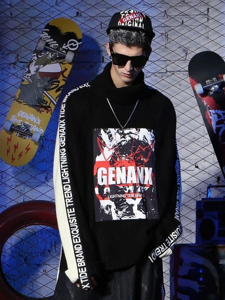 men slogan and graphic pattern color block turtle neck high low sweater y36j#, White;black
men slogan and graphic pattern color block turtle neck high low sweater y36j#, White;black