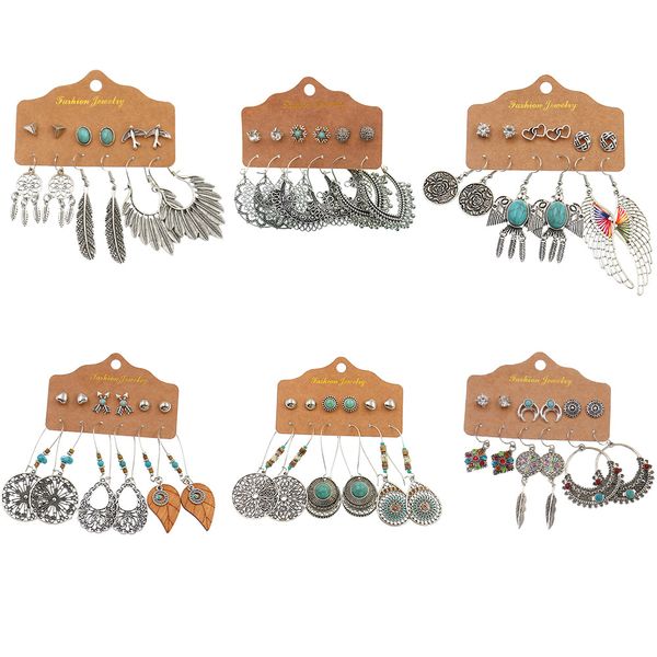 6 pairs set antique silver color hollow flower leaves wings charm earrings bohemian carved flower feather turquoise stud earring, Golden
6 pairs set antique silver color hollow flower leaves wings charm earrings bohemian carved flower feather turquoise stud earring, Golden