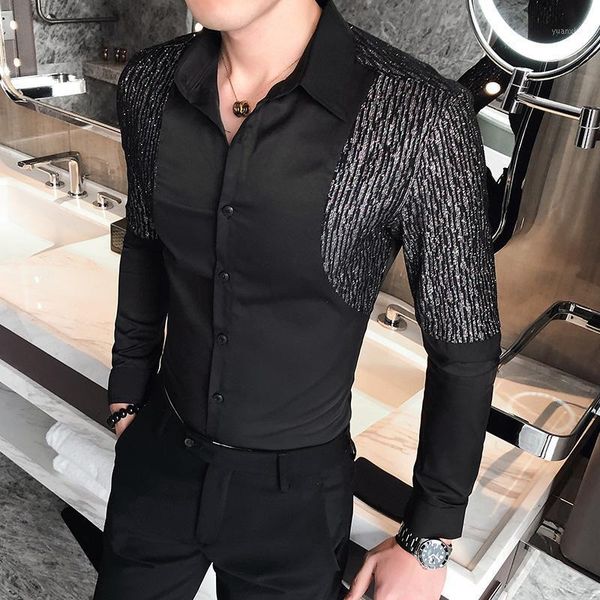 chemises hommes silver shiny patchwork shirt 2021 new fashion men's nightclub party work shirt formal slim social men's1, White;black
chemises hommes silver shiny patchwork shirt 2021 new fashion men's nightclub party work shirt formal slim social men's1, White;black