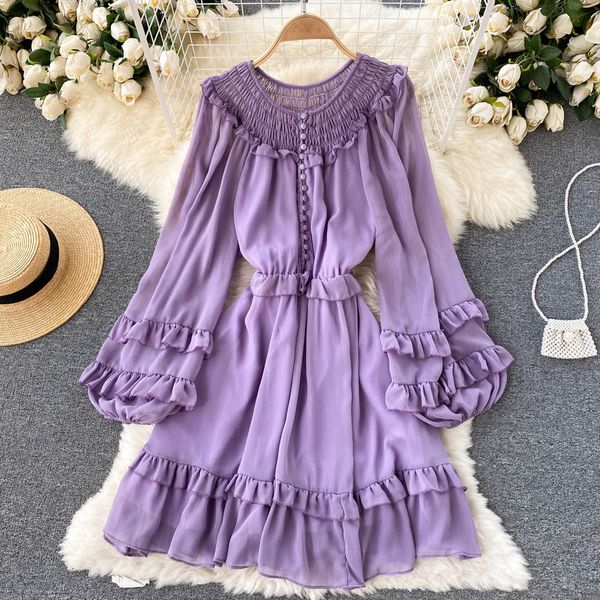 spring autumn purple/yellow/blue chiffon dress women elegant o-neck draped ruffle vestidos female puff long sleeve a-line robe 2022, Black;gray