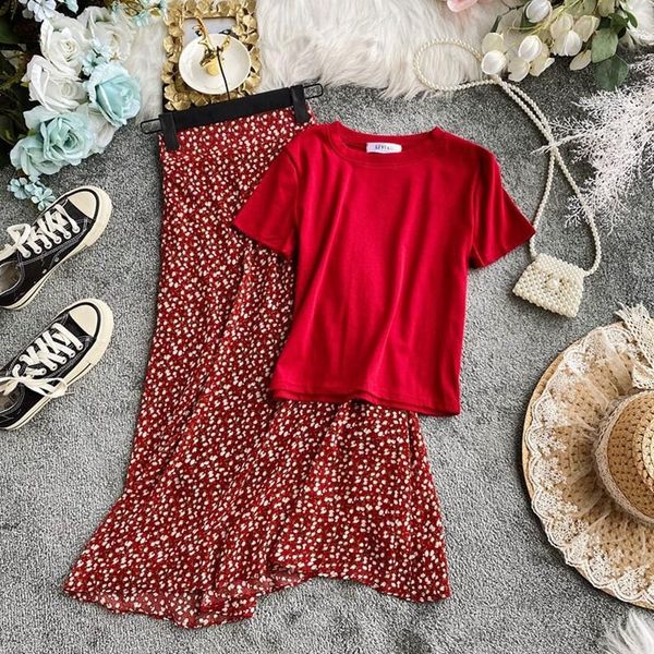 new fashion women 2 piece set short sleeve solid t shirt + print floral chiffon high waist long skirts sweet suit y200828, White
new fashion women 2 piece set short sleeve solid t shirt + print floral chiffon high waist long skirts sweet suit y200828, White