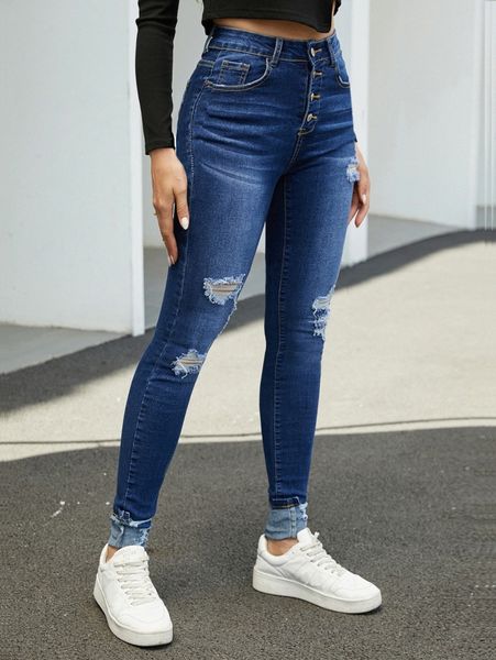 button fly ripped skinny jeans r3jf#, Blue