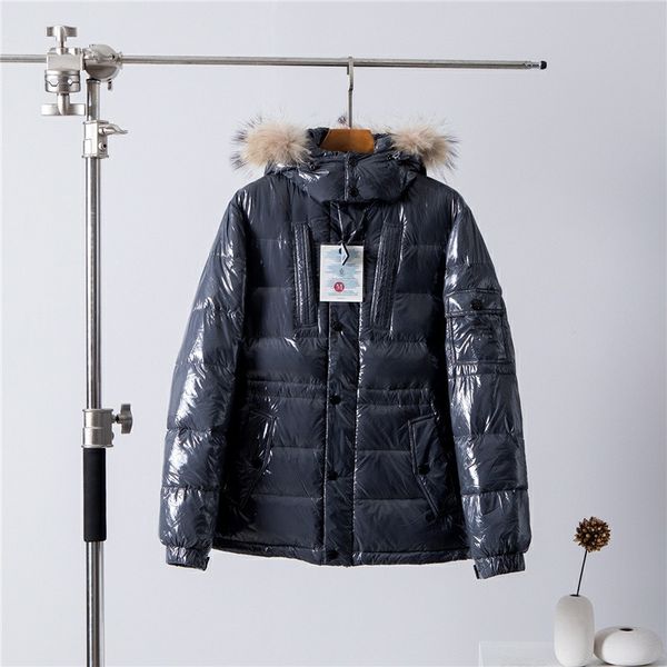 french brand winter new glossy down jacket for men loose warm grey detachable fur collar hat and detachable hat down jacket, Black