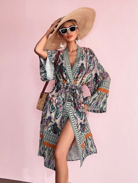 allover print belted kimono q3qo#, White;black