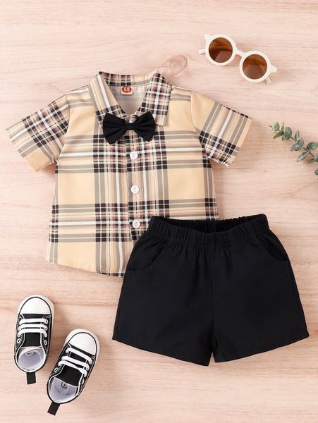 baby tartan bow front shirt & shorts she, White 
baby tartan bow front shirt & shorts she, White