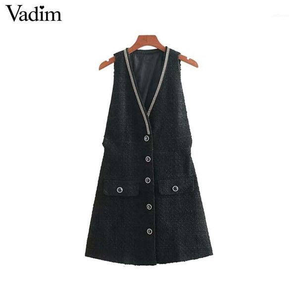 vadim women v neck tweed mini dress buttons chains decoration sleeveless vintage female casual chic dresses vestidos qa7541, Black;gray
vadim women v neck tweed mini dress buttons chains decoration sleeveless vintage female casual chic dresses vestidos qa7541, Black;gray