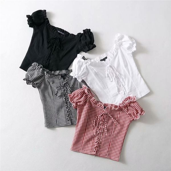 women cotton grid spliced lace hem shirt with v neck puff sleeve shirt summer elegant slim short sleeve blouse y200402, White
women cotton grid spliced lace hem shirt with v neck puff sleeve shirt summer elegant slim short sleeve blouse y200402, White