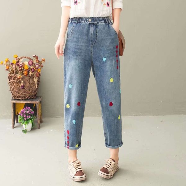 korean national style old love embroidery elastic waist jeans father pants female 0722, Blue 
korean national style old love embroidery elastic waist jeans father pants female 0722, Blue
