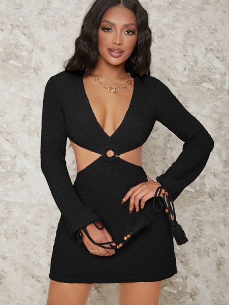 tassel drawstring cuff cutout dress s5di#, Black;gray
tassel drawstring cuff cutout dress s5di#, Black;gray