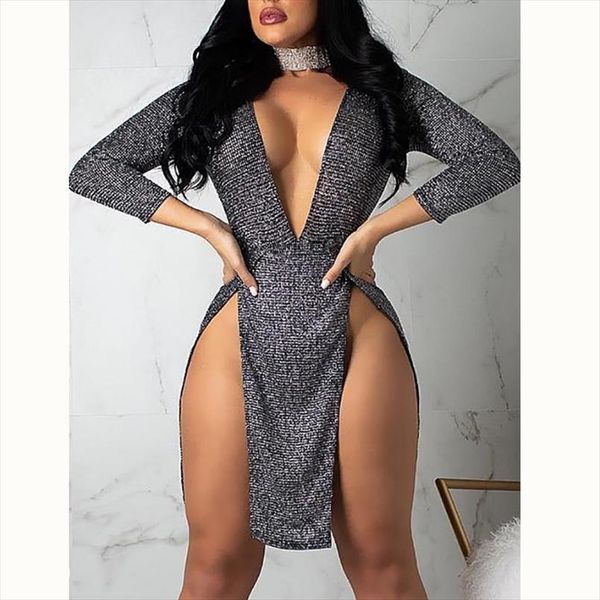 women high side split night clubwear short dress femael long sleeve low cut deep v neck bodycon slim fit party wear, Black;gray
women high side split night clubwear short dress femael long sleeve low cut deep v neck bodycon slim fit party wear, Black;gray