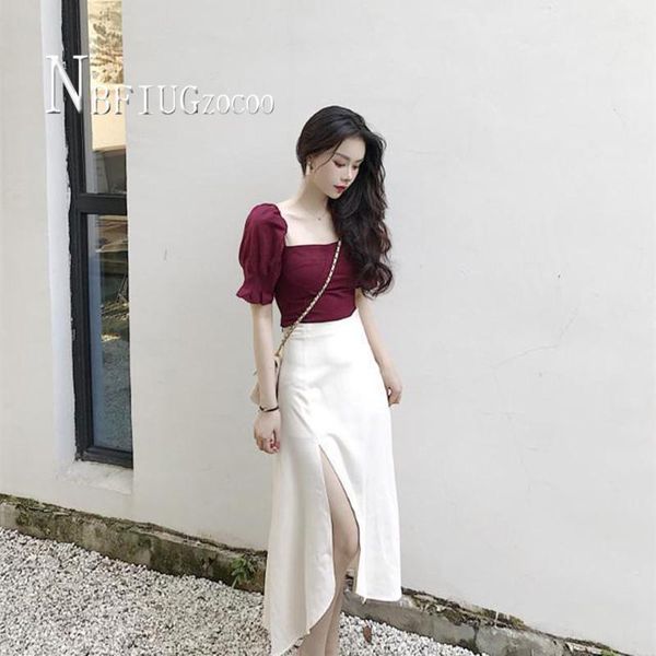 2020 french style women sets square collar blouse and slit design skirt female sets1, White
2020 french style women sets square collar blouse and slit design skirt female sets1, White