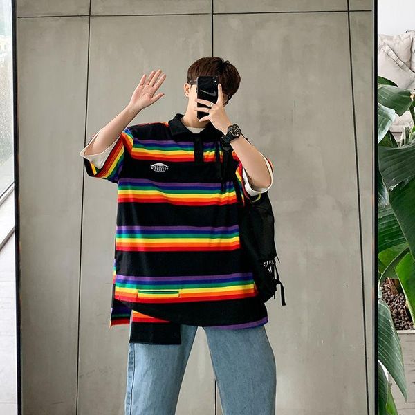 2020 new summer korean trend couple harajuku loose fresh japanese half-sleeved casual rainbow striped cotton shirt1, White;black 
2020 new summer korean trend couple harajuku loose fresh japanese half-sleeved casual rainbow striped cotton shirt1, White;black
