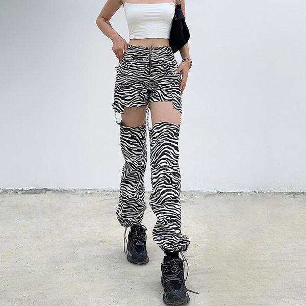 women's pants & capris 2021 punk style cut out straight cargo women metal chains streetwear zebra stripe printed joggers female pockets, Black;white
women's pants & capris 2021 punk style cut out straight cargo women metal chains streetwear zebra stripe printed joggers female pockets, Black;white