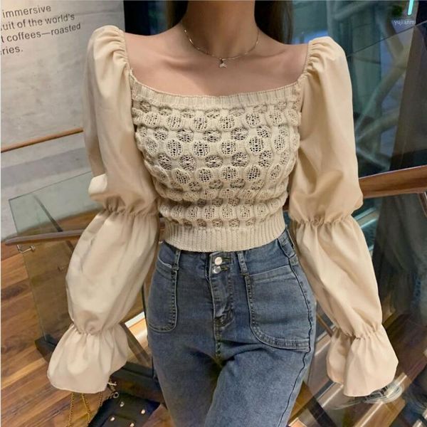 2019 atumn winter women square collar cropped sweater pullover crop patchwork chiffon flare sleeve sweater for female1, White 
2019 atumn winter women square collar cropped sweater pullover crop patchwork chiffon flare sleeve sweater for female1, White