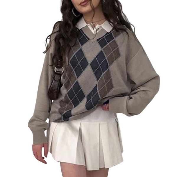women's sweaters women argyle plaid sweater pullover long sleeve preppy england style y2k e-girl autumn winter streetwear outwear, White;black
women's sweaters women argyle plaid sweater pullover long sleeve preppy england style y2k e-girl autumn winter streetwear outwear, White;black