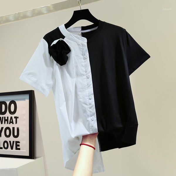 irregular color patch short sleeve shirt female summer splicing three-dimensional flowers women's blouse crew neck 1, White
irregular color patch short sleeve shirt female summer splicing three-dimensional flowers women's blouse crew neck 1, White