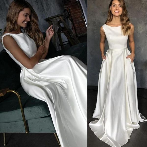 2021 simple new satin a line wedding dresses with pocket elegant sleeveless o neck floor length bridal gowns bride dress customized, White
2021 simple new satin a line wedding dresses with pocket elegant sleeveless o neck floor length bridal gowns bride dress customized, White