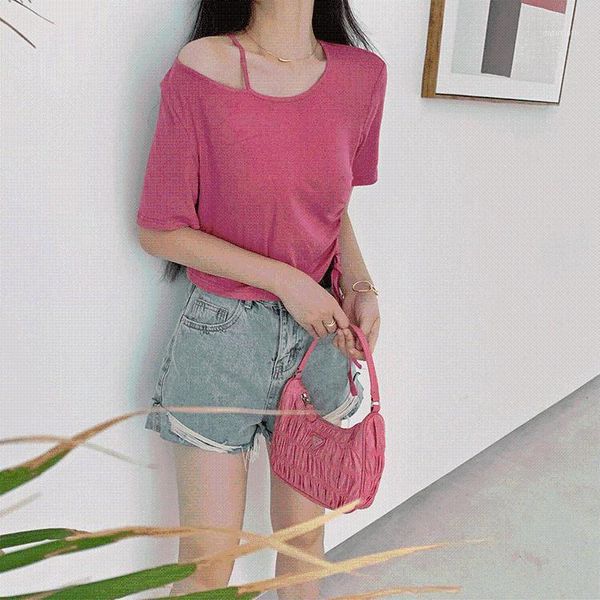 2020 summer new casual bare shoulder round neck drawstring women's t-shirt solid color slim shoulder short-sleeved, White
2020 summer new casual bare shoulder round neck drawstring women's t-shirt solid color slim shoulder short-sleeved, White