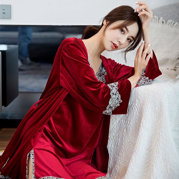 Women 2PCS Nighty&robe Set Velvet Sleepwear Sexy Lace V-neck Nightdress Casual Bathrobe Autumn Winter New Home Dressing Gown, Burgundy
Women 2PCS Nighty&robe Set Velvet Sleepwear Sexy Lace V-neck Nightdress Casual Bathrobe Autumn Winter New Home Dressing Gown, Burgundy