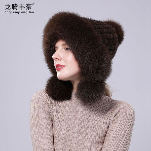 beanie/skull caps real hat with fur ball velvet winter earmuffs protective cap knit for women russian pilot, Blue;gray 
beanie/skull caps real hat with fur ball velvet winter earmuffs protective cap knit for women russian pilot, Blue;gray