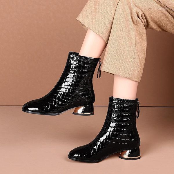 women's boots fashion natural patent leather round head booties woman warm wool 2021 winter snow boots lady botines mujer1, Black
women's boots fashion natural patent leather round head booties woman warm wool 2021 winter snow boots lady botines mujer1, Black