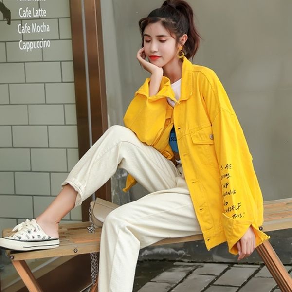 spring new fashion letter print yellow casual denim jacket women's long sleeve jean coat femme 201013, Black;brown
spring new fashion letter print yellow casual denim jacket women's long sleeve jean coat femme 201013, Black;brown