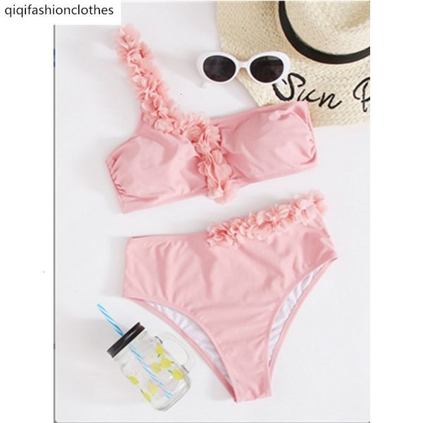2021 single one shoulder flower fashion color matching split bikini, White;black 
2021 single one shoulder flower fashion color matching split bikini, White;black