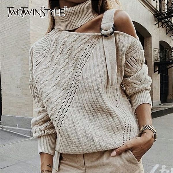 twotwinstyle elegany asymmetrical women sweater turtleneck long sleeve hollow out irregular striped knitting sweaters for female 201221, White;black
twotwinstyle elegany asymmetrical women sweater turtleneck long sleeve hollow out irregular striped knitting sweaters for female 201221, White;black