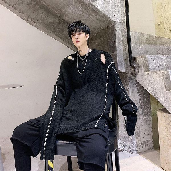 men's sweaters dark personality logo fashion original broken hole design street trend sweater male loose round collar pullover coat, White;black