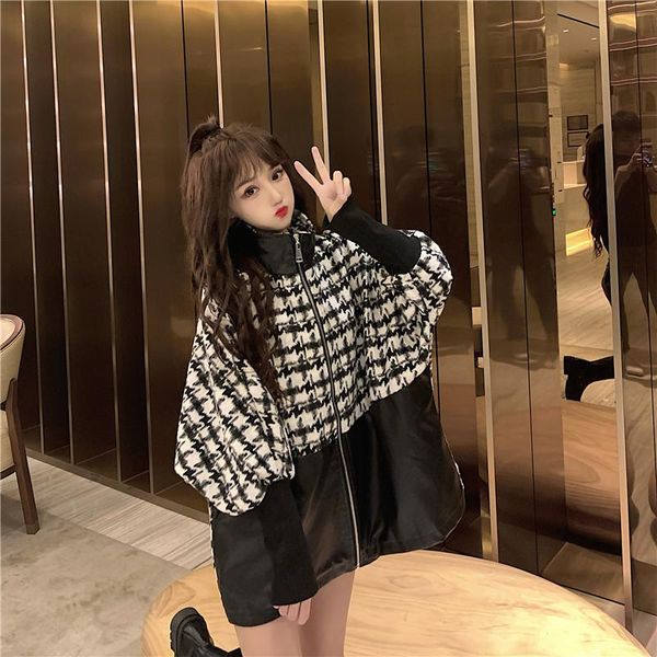 new korean women's loose coat autumn and winter fashion houndstooth stitching leather fashion all-match, Black;brown
new korean women's loose coat autumn and winter fashion houndstooth stitching leather fashion all-match, Black;brown