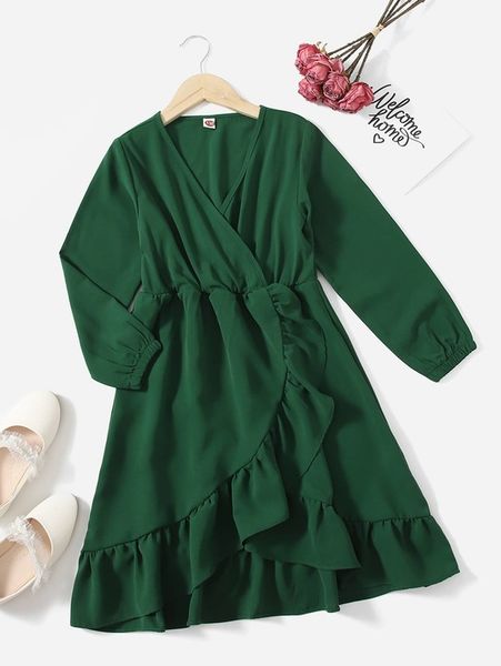 girls ruffle trim wrap hem chiffon dress she, Red;yellow 
girls ruffle trim wrap hem chiffon dress she, Red;yellow