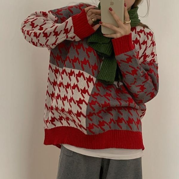 women's sweaters retro knit sweater houndstooth plaid ladies autumn and winter korean loose fashion round neck women, White;black
women's sweaters retro knit sweater houndstooth plaid ladies autumn and winter korean loose fashion round neck women, White;black