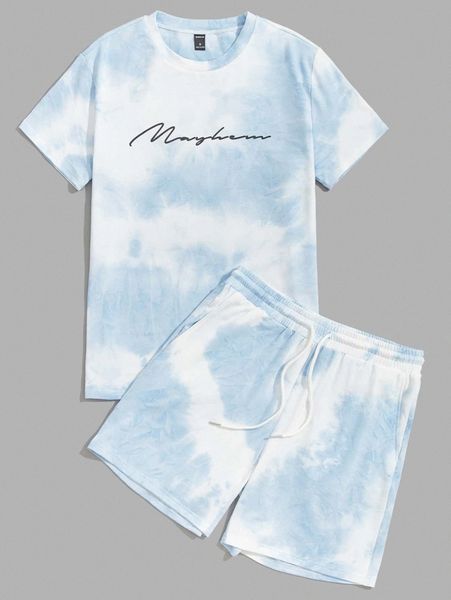 men drop shoulder tie dye letter pattern tee & drawstring waist shorts 80vi#, Gray
men drop shoulder tie dye letter pattern tee & drawstring waist shorts 80vi#, Gray
