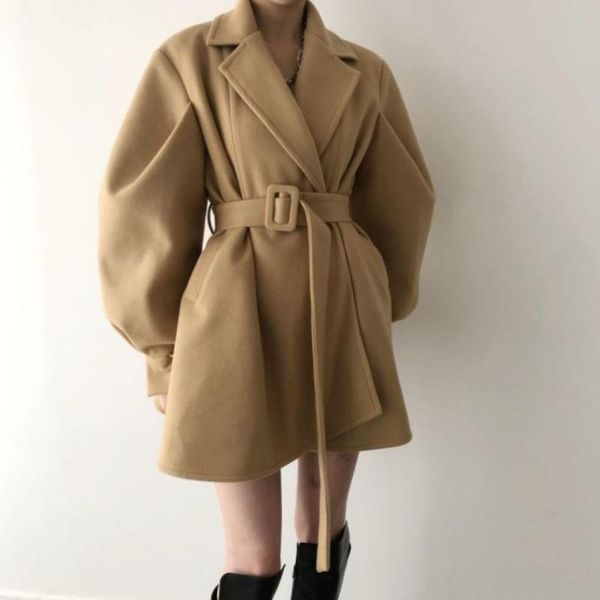 women's wool & blends retro chic turn down collar bubble sleeve woolen coat women elegant fashion loose long female coats with belt win, Black
women's wool & blends retro chic turn down collar bubble sleeve woolen coat women elegant fashion loose long female coats with belt win, Black