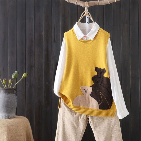 three bears embroidered knitted sleevels vt women's 2021 spring new round neck loose and versatile sweater et, White
three bears embroidered knitted sleevels vt women's 2021 spring new round neck loose and versatile sweater et, White