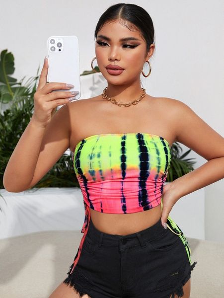 tie dye drawstring ruched crop tube u3lx#, White
tie dye drawstring ruched crop tube u3lx#, White