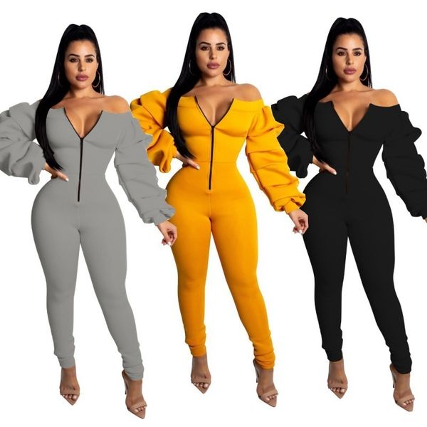 n5101 fashionable one-off collar stack sleeve slim fit jumpsuit with thick air layer, Black;gray
n5101 fashionable one-off collar stack sleeve slim fit jumpsuit with thick air layer, Black;gray