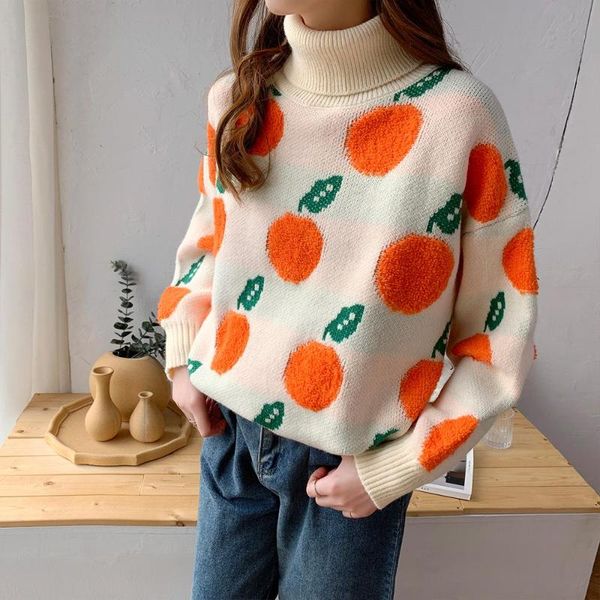 women's sweaters winter women 2021 fashion fruit print casual loose turtleneck knitted sweater female outwear coat, White;black
women's sweaters winter women 2021 fashion fruit print casual loose turtleneck knitted sweater female outwear coat, White;black