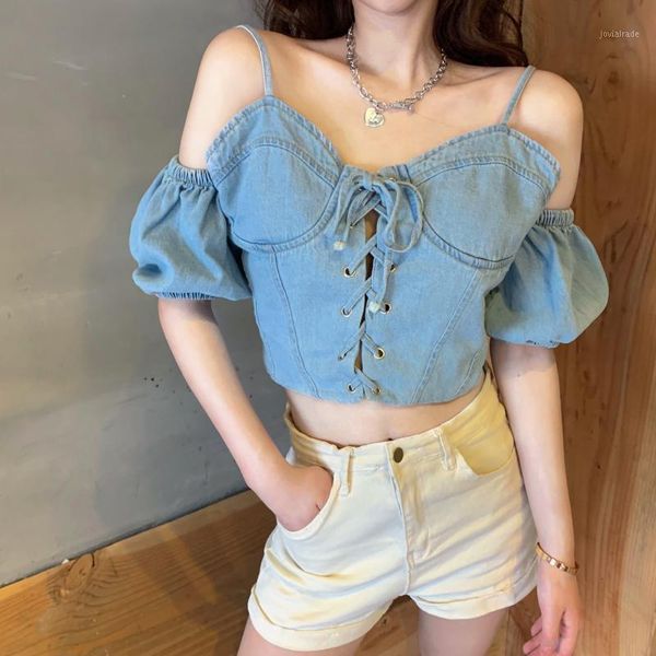 women's blouses & shirts summer off shoulder short blouse woman strap lace up denim shirt slim streetwear1, White
women's blouses & shirts summer off shoulder short blouse woman strap lace up denim shirt slim streetwear1, White