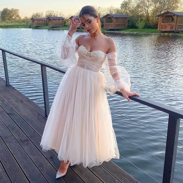 short ankle length wedding dresses off shoulder sheer long puffy sleeves off shoulder bridal gowns vestido de noiva custom made, White
short ankle length wedding dresses off shoulder sheer long puffy sleeves off shoulder bridal gowns vestido de noiva custom made, White