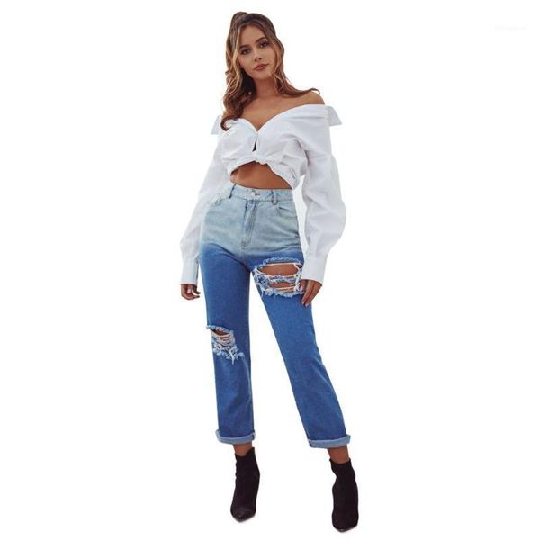 high waist women's jeans jeans casual women's trousers flanging gradient milled holes1, Blue
high waist women's jeans jeans casual women's trousers flanging gradient milled holes1, Blue