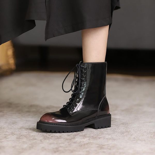 boots osunlina round toe square heels women's autumn handmade lace-up zipper shoes for woman a141, Black