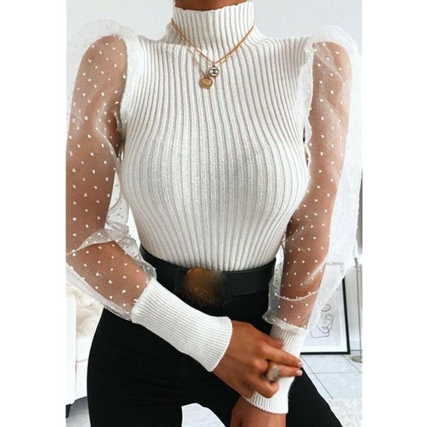 women spring mesh puff long sleeve ribbed knitted shirt loose casual polka dots blouse elegant turtleneck party clubwear, White
women spring mesh puff long sleeve ribbed knitted shirt loose casual polka dots blouse elegant turtleneck party clubwear, White
